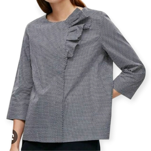 COS Cotton Poplin Ruffle Front Button Blouse Navy White 3/4 Sleeve 34 (XS) - Picture 1 of 16